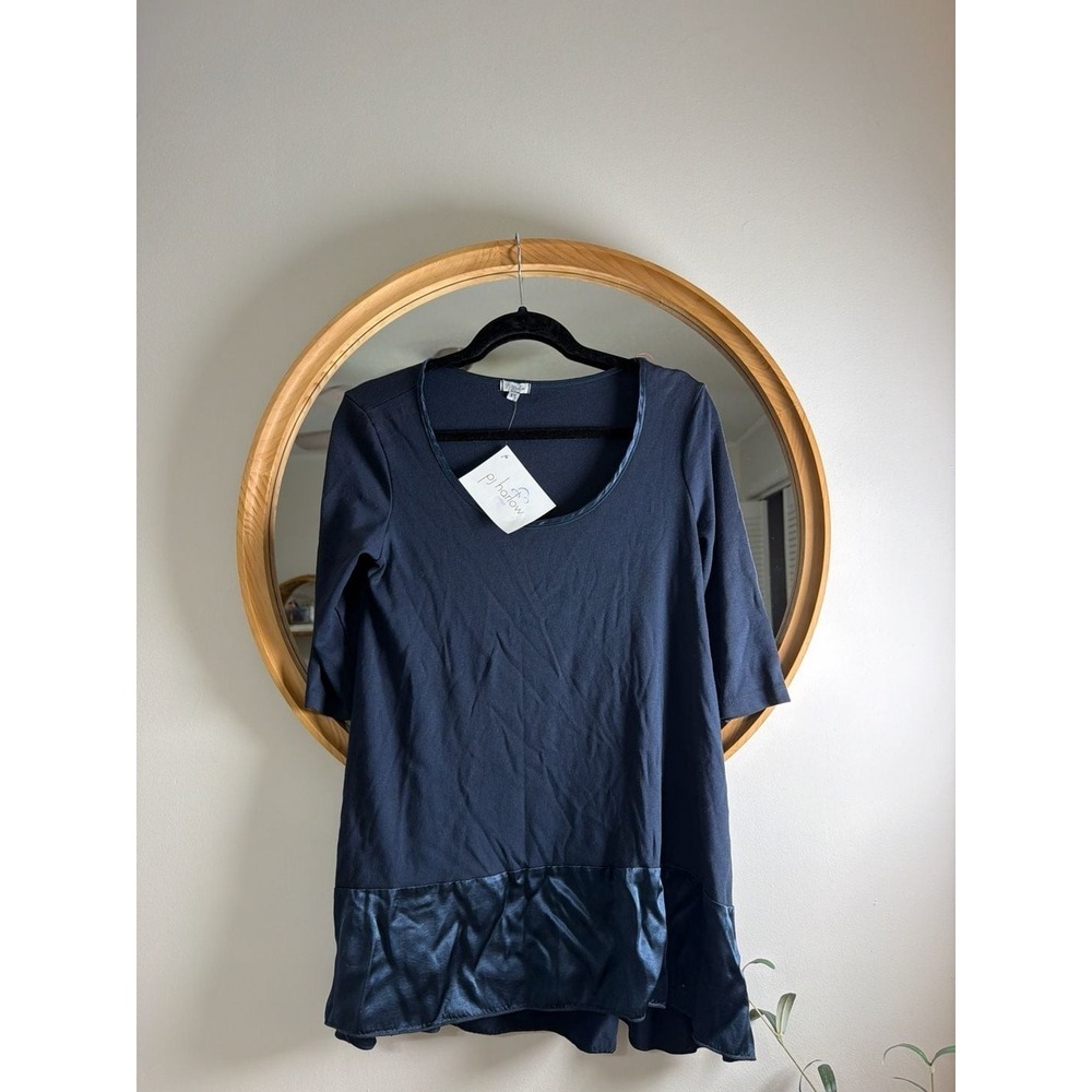 PJ Harlow Kiki Rib Knit 3/4 Sleeve Swing Tee with Satin Trim Navy XS